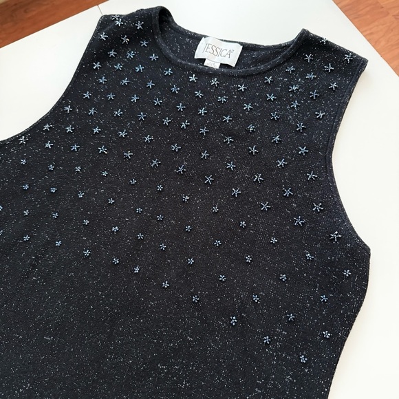 JESSICA Black Shimmer Knit Tank Top Flower Star Beaded Sleeveless Embroidered - Picture 3 of 5